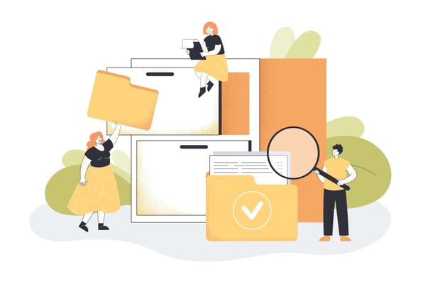 Illustration de dossiers avec autour, des gens qui cherchent une information